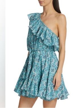 RHODE Ozzie Dress Aqua Lotus Mini One-Shoulder Ruffle Resort Dress Size L